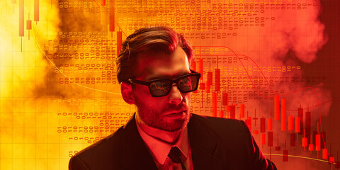 Conceptual design. Businessman in suit with market charts in sunglasses under binary data cloud, embodying digital collapse and economic contraction. Concept of economic crisis and depression, tariffs