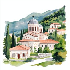 Studenica Monastery. Studenica Monastery hand drawn watercolor illustration