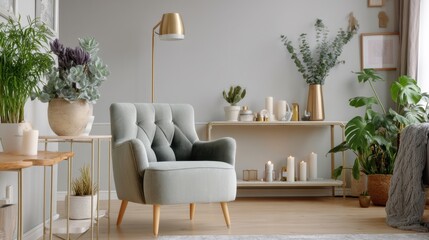 Cozy modern living room with elegant armchair, greenery, gold accents, and candles for relaxing home ambiance