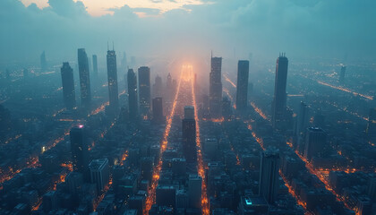 Cityscape high angle hazy mood at twilight against urban background