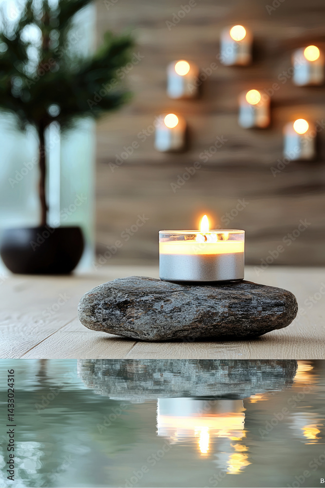 Poster lit candle placed on stone creates serene atmosphere, reflecting beautifully in water nearby. warm g
