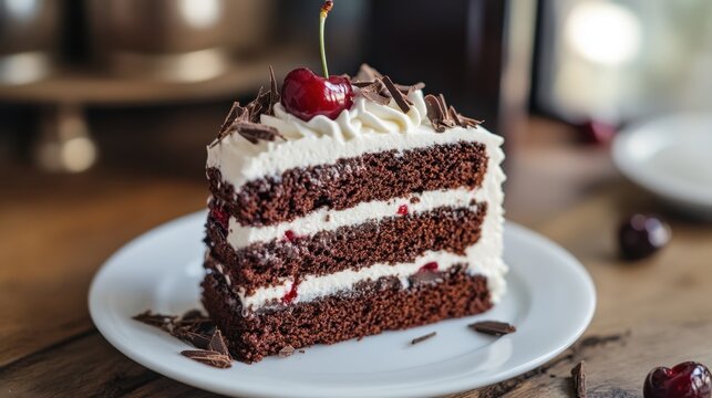 National Cherry Dessert Day Delicious chocolate cherry cake slice with whipped cream and chocolate shavings
