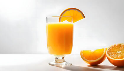 Vibrant glass of golden orange juice with citrus slice, isolated on white background