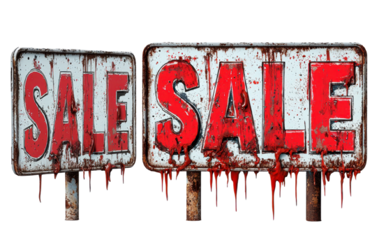 distressed sale signs with dripping red paint on transparent background