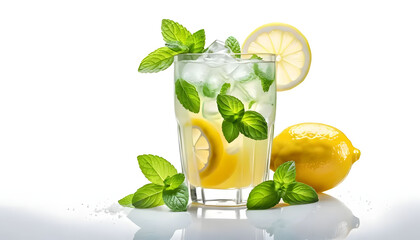 Fototapeta premium Lemon and mint chilled beverage, isolated on white background