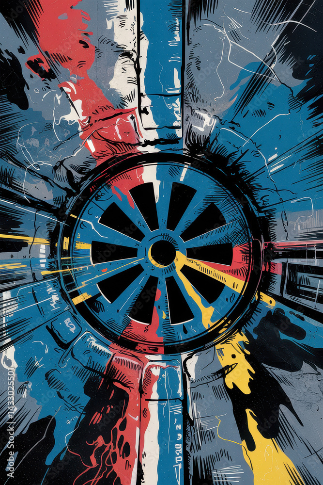 Poster dynamic abstract composition of vibrant colors in circular pattern with energetic hues