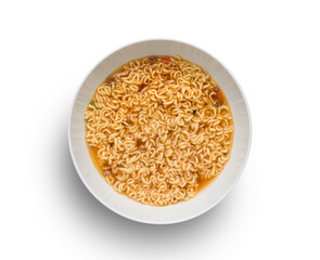Instant noodle in a white bowl on white background, top view