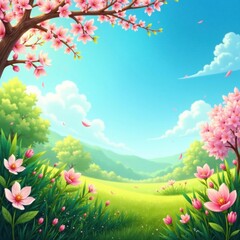 Vibrant blooming flowers and greenery in spring, blooming, botanical illustration, nature