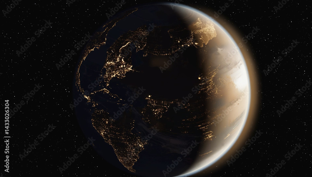 Wall mural abstract planet with illuminated continents in dark space