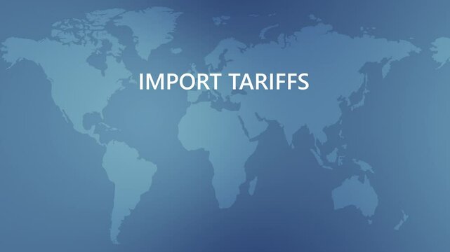 World Map With Import Tariffs Text. World map representation with a blue background and import tariffs text, seamless loop.