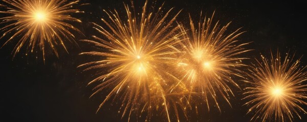 Fototapeta premium Fiery yellow fireworks bloom, wide angle shot, incandescent embers , vivid, power, heat