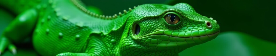 Fototapeta premium Close-up shot of shiny green reptile skin with smooth texture and unique details, pattern, wildlife, vibrant