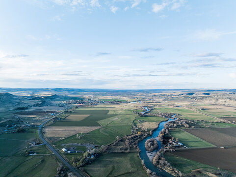 Aerial landscape of rural farming and ranching area. Bridger, Montana