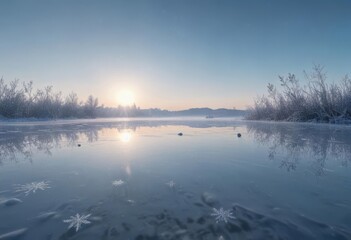 Fototapeta premium Frozen lake, delicate snowflake silhouettes against a frosty blue sky , frozen, still, scenic