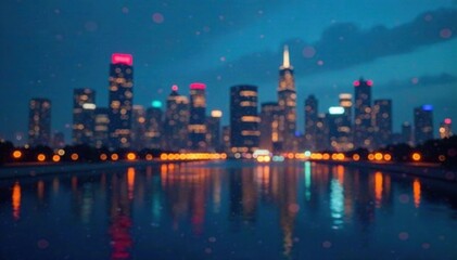 Obraz premium cityscape illuminated by twinkling lights in abstract circular bokeh on blue background, blurred effect, urban atmosphere