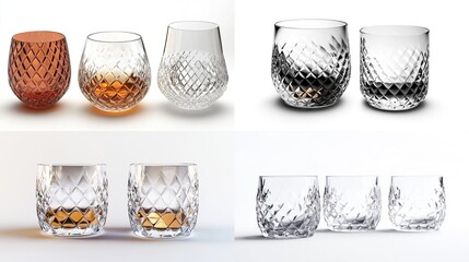 Diamond-cut whiskey glasses, various colors and fills.