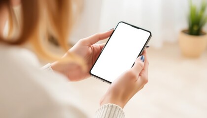 Woman holding phone, blank screen