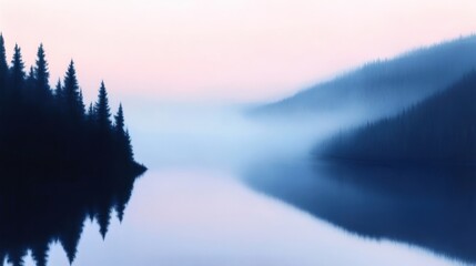 Fototapeta premium Still lake reflects misty pine forest