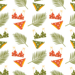Summer seamless pattern with beach accessory and items. Bikini, swimwear and banana palm leaves. Cartoon flat vector illustration on white background. Fashion print, fabric design.