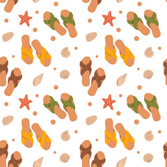 Summer seamless pattern with beach accessory and items. Beach colourful slippers, shells, starfish. Cartoon flat vector background. Summer beach holidays. Repeating print with accessories for journey.