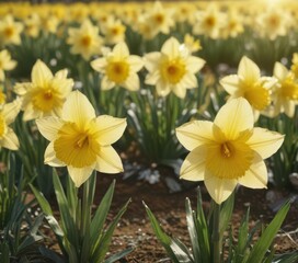 Obraz premium Glistening daffodil petals, sunny field, full bloom Close-up view , landscape, macro, sunshine