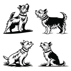 Silhouette Collection Yorkshire Terriers in Various Poses, Black & White, Dog Breed