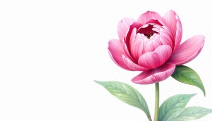 Obraz premium Single pink watercolor peony flower on a white background with subtle texture , botanical prints, floral illustrations, soft focus