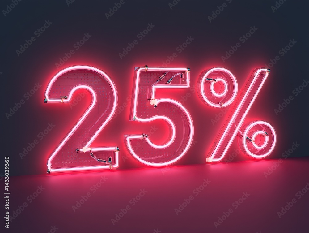 Poster a neon sign displaying the number 25% in red letters against a gray background.