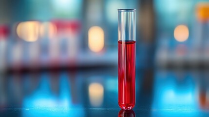 Pharmaceutical test tube filled with vibrant red solution laboratory scientific image close-up view chemistry concept