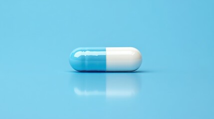 Floating white pill capsule on soft blue background close-up image medical concept calm environment