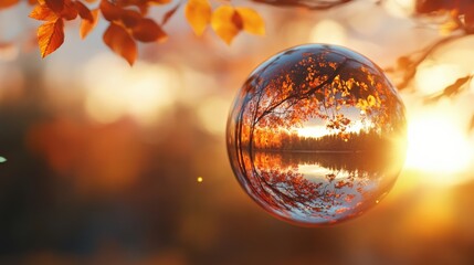 Autumn leaves reflected in a sphere