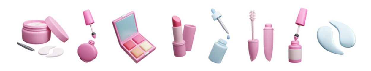 Beauty makeup cosmetic product 3D style icon set. Make-up palette, hydrogel under eye patches bottle, pink lipstick, eyelash mascara, skincare serum pipette, nail polish 3D icon set isolated on white.