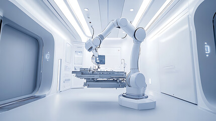 A robotic arm in a high tech cleanroom, assembling parts for robots used in autonomous medical diagnostic equipment, Med-tech style