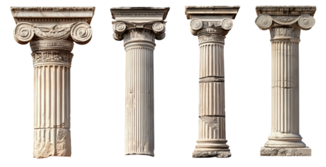 four antique greek columns isolated on white background