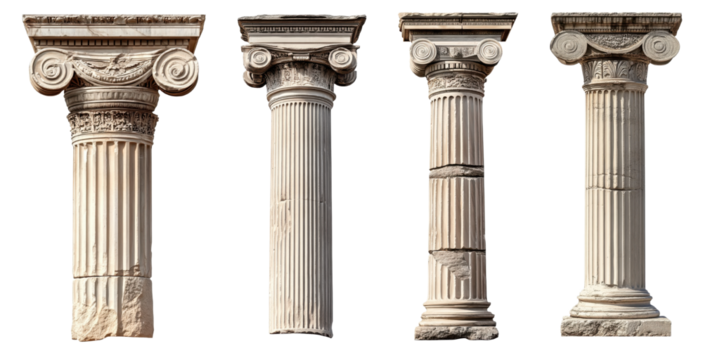 four antique greek columns isolated on white background
