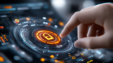 Obraz premium Futuristic cybersecurity lock symbol technology interface digital environment interactive display user engagement virtual security concept