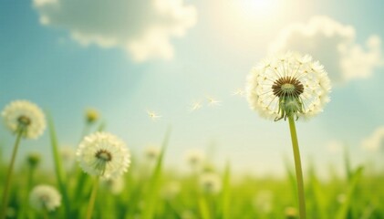 Gentle breeze blows dandelion on a serene white background, calmness, breeze, landscape