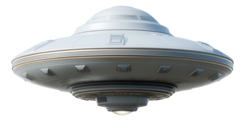 Futuristic silver UFO spaceship with a classic saucer design.