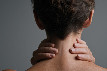 Fototapeta premium Close-up of woman's neck and hands, showcasing skin texture and suggesting tension or discomfort, representing health, wellness, or body care