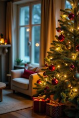 hanging Christmas tree ornaments in a living room, celebratory atmosphere, decorative tree topper