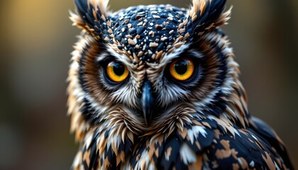 Obraz premium Close-up of a mysterious owl with very yellow eyes gazing intently in its natural habitat