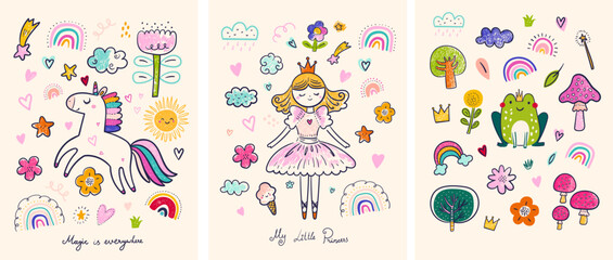 Cartoon baby cards. Baby fairy tales hand drawn design for textile, posters, cards.