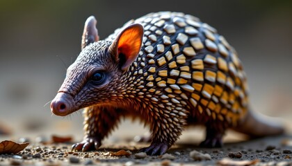 Close-up of a colorful armadillo walking on the ground in its natural habitat