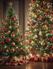 Ornate Christmas tree, vibrant baubles, soft bokeh lights ,  festive,  fairy lights,  tree lights