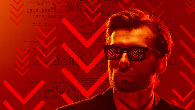 Conceptual collage. Man in red tones with binary code and down arrows reflecting digital market panic and steep decline. Visual effect. Concept of crisis and depression, jobloss, hardship, tariffs.