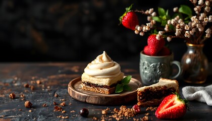 Artisanal dessert featuring fresh strawberries served alongside a cup of coffee for indulgence