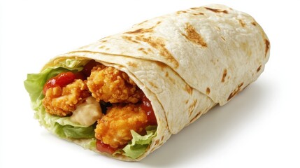 A chicken burrito with rice, vegetables, and sauce wrapped in a tortilla.