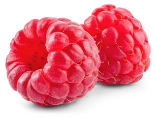 Raspberry isolated png. Raspberries on transparent background. Whole two raspberries with transparent shadow no background. Transparent png. Full depth of field.