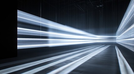 Abstract light streaks in a dark, modern space