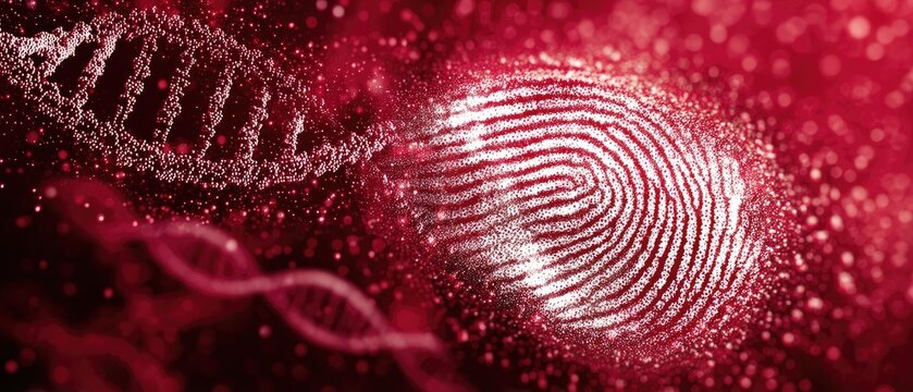 DNA chromosome forensic concept Abstract representation of DNA and fingerprint in vibrant colors. - Powered by Adobe